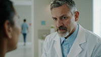 Actor A Doctor In A Hospital Setting Standing And Looking Concerned While Wearing A White Lab Coat — Stock Photo