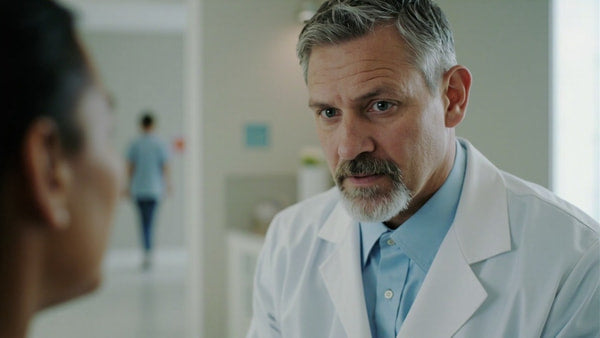 Actor A Doctor In A Hospital Setting Standing And Looking Concerned While Wearing A White Lab Coat — Stock Photo