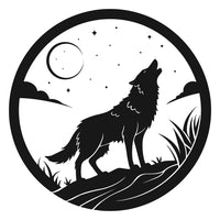 Black And White Illustration Of A Wolf Howling At The Moon In A Night Sky Background — Stock Vector