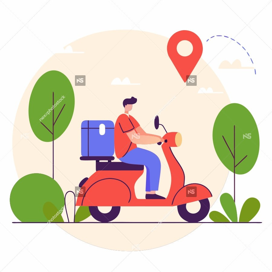 A Delivery Driver Riding A Scooter With A Package In Hand Set Against A Backdrop Of Trees And A Clear Sky — Stock Vector