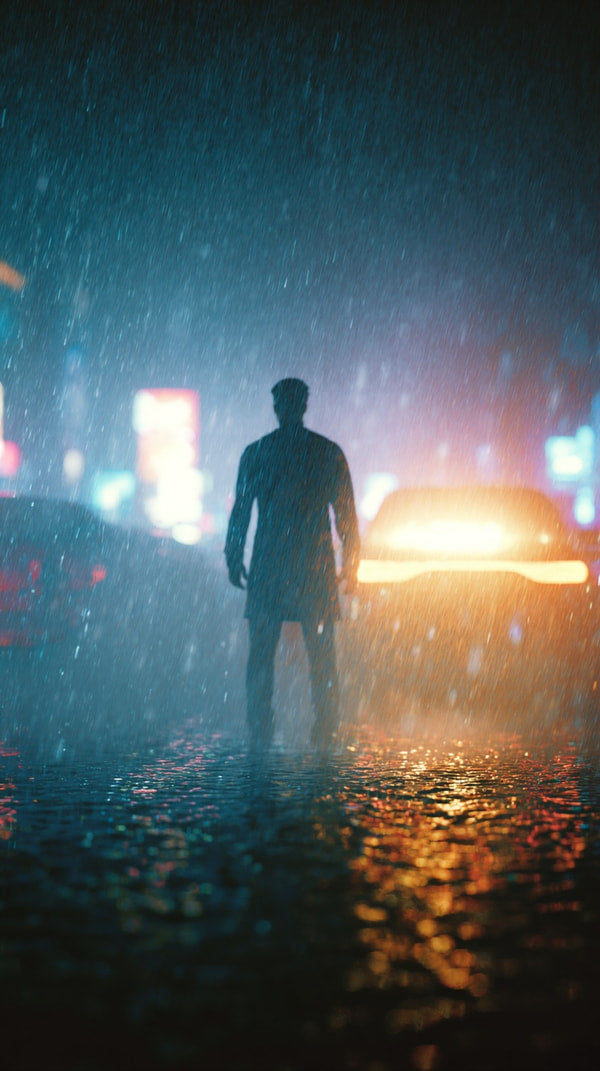 A Solitary Individual Stands Amidst A Rain Soaked Street Illuminated By The Glow Of Distant Headlights And Neon Signs — Stock Photo
