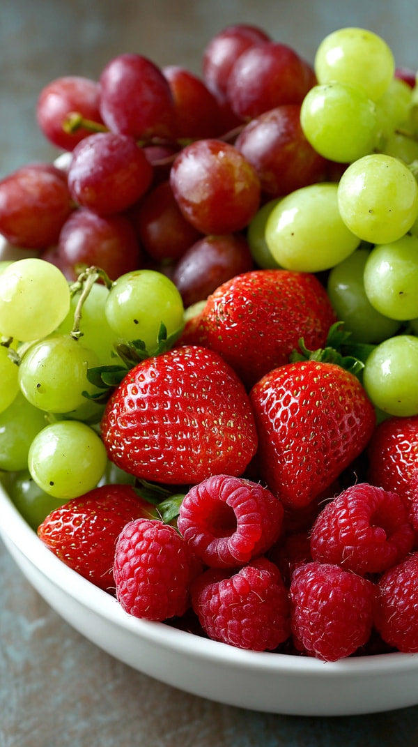 A Bowl Of Fresh Fruit Including Strawberries Grapes And Melon Displayed On A Table — Stock Photo