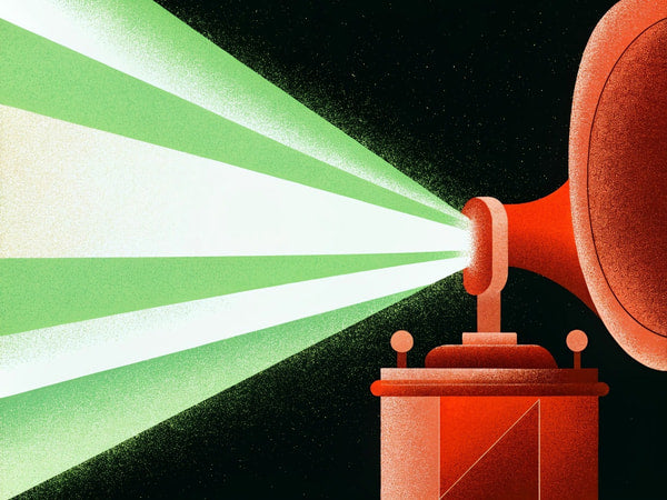 Projector Spotlight With A Retro Design A Red Lens And A Large Speaker Grille Set Against A Dark Background — Stock Illustration