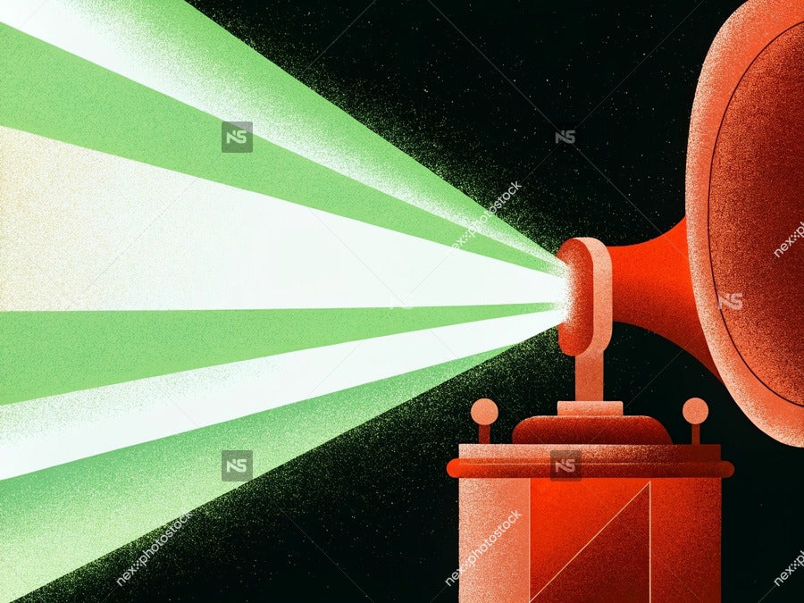Projector Spotlight With A Retro Design A Red Lens And A Large Speaker Grille Set Against A Dark Background — Stock Illustration