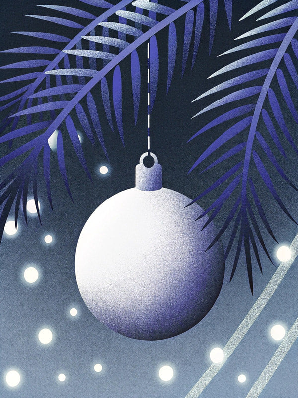 A Christmas Ball Ornament Hanging From A Palm Tree Against A Blue Background With White Lights And Snowflakes — Stock Illustration