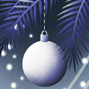 A Christmas Ball Ornament Hanging From A Palm Tree Against A Blue Background With White Lights And Snowflakes — Stock Illustration
