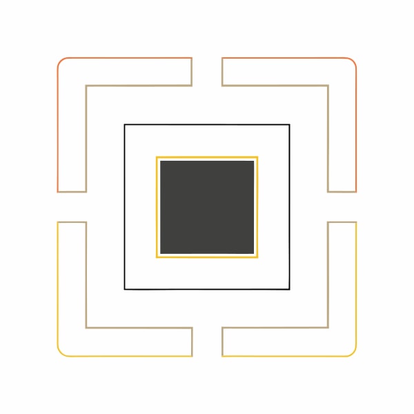 Geometric Abstract Design With A Central Black Square And Four Surrounding Colorful Squares On A White Background — Stock Vector