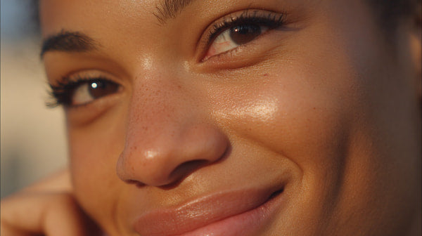 A Woman With A Radiant Smile Gazes Into The Distance Against A Backdrop Of A Clear Sky — Stock Photo