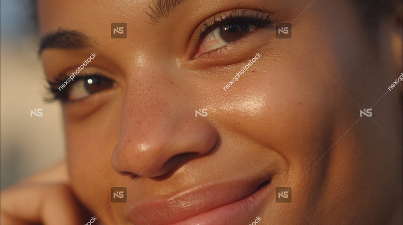 A Woman With A Radiant Smile Gazes Into The Distance Against A Backdrop Of A Clear Sky — Stock Photo