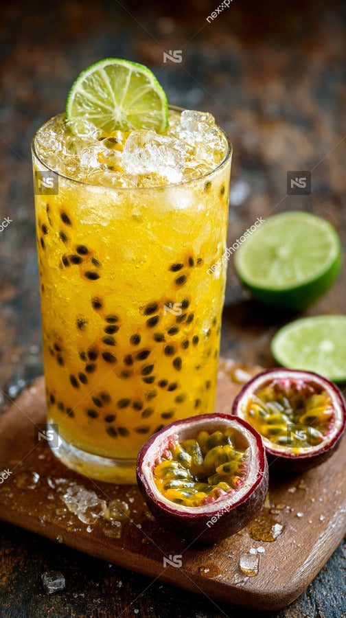 A Refreshing Tropical Drink Garnished With Lime And Pomegranate Seeds Served On A Wooden Tray — Stock Photo