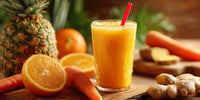 Two Glasses Of Orange Juice On A Table With Pineapples And Carrots In The Background — Stock Photo