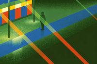 A Person Stands In A Dimly Lit Urban Setting Illuminated By Colorful Lines That Create A Vibrant Contrast Against The Dark Background — Stock Illustration