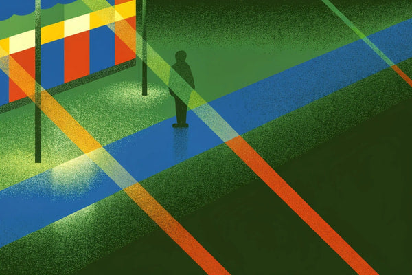A Person Stands In A Dimly Lit Urban Setting Illuminated By Colorful Lines That Create A Vibrant Contrast Against The Dark Background — Stock Illustration