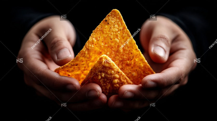 A Hand Holding A Trio Of Nacho Chips With The Focus On The Chips Themselves — Stock Photo