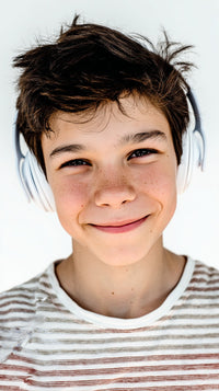 A Young Boy Wearing Headphones And Smiling At The Camera — Stock Photo