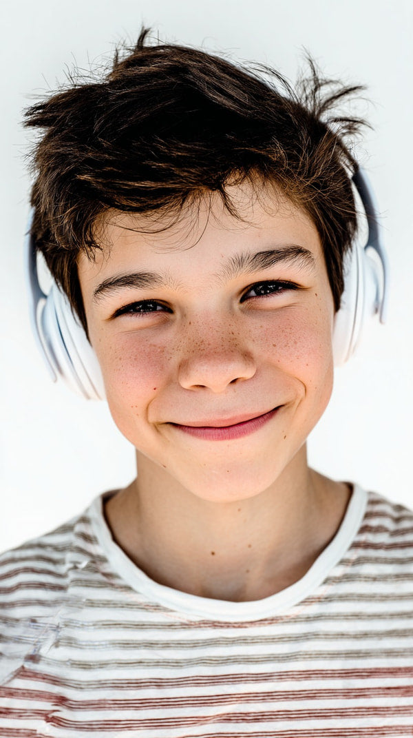 A Young Boy Wearing Headphones And Smiling At The Camera — Stock Photo