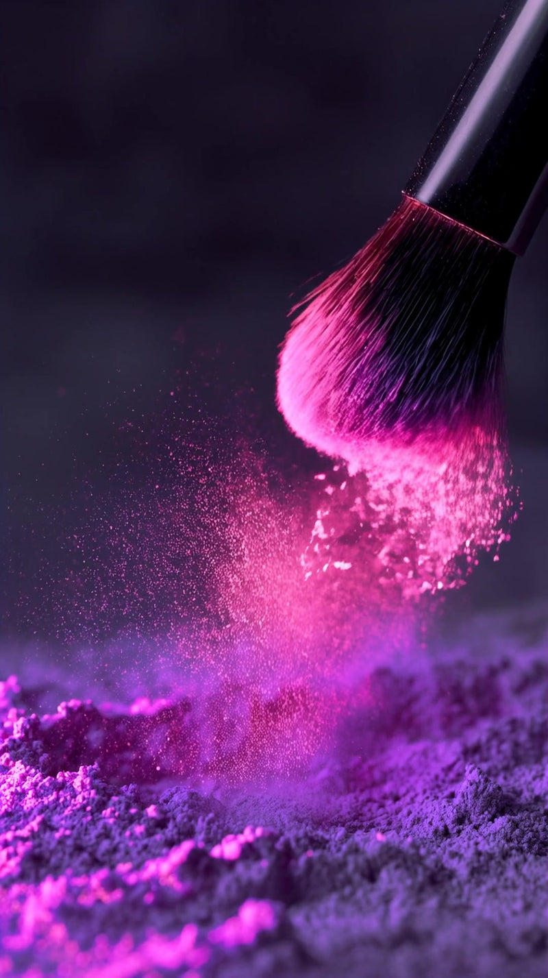 purple makeup powder being applied with a brush captured in mid air against a dark background - Stock Video