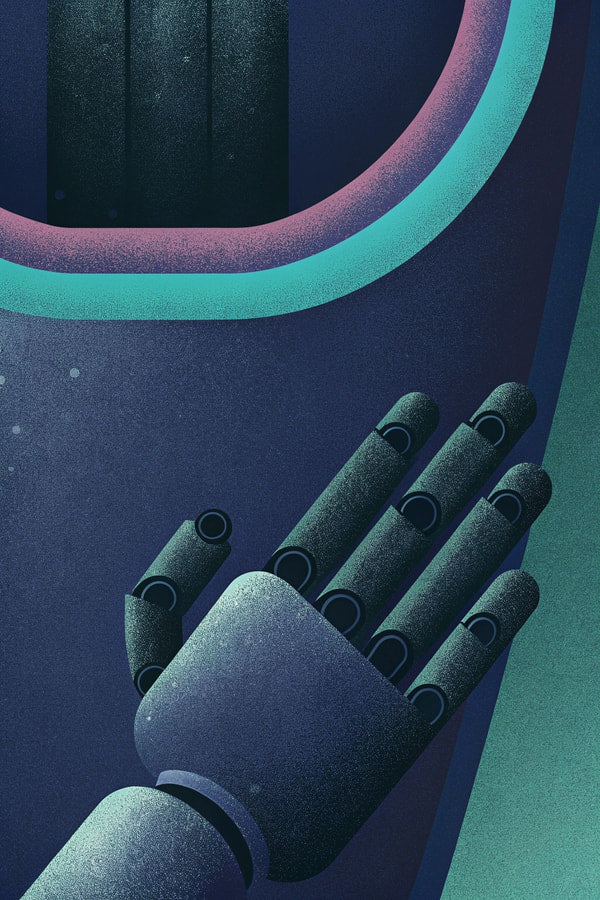 Robotic Hand Reaching Out To A Window With A Blue Background And A Neon Sign — Stock Illustration