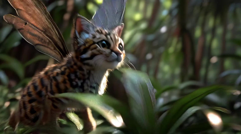 a small kitten stands amidst lush greenery in a forest setting its fur contrasting with the surrounding foliage - Stock Video