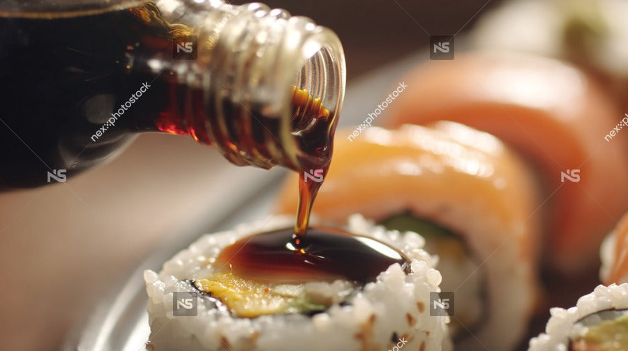 Shows A Close Up View Of A Sushi Roll Being Dipped Into A Bottle Of Soy Sauce — Stock Photo