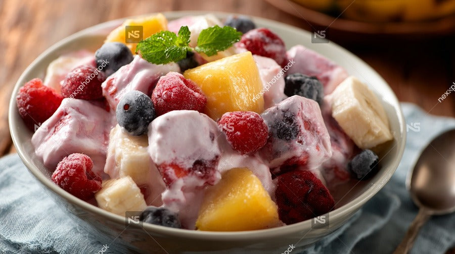 A Bowl Of Fruit Salad Topped With Yogurt Garnished With A Sprig Of Mint — Stock Photo