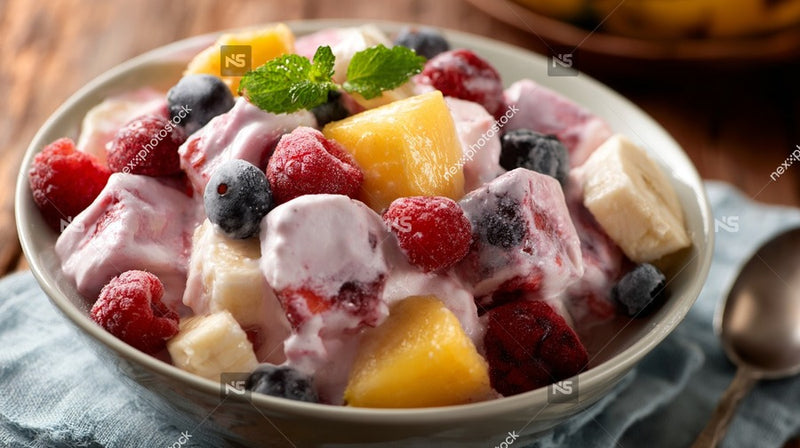 A Bowl Of Fruit Salad Topped With Yogurt Garnished With A Sprig Of Mint — Stock Photo