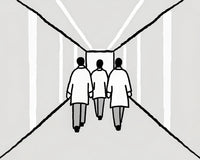 Hospital Hallway With Three Medical Professionals Walking Down A Corridor One Of Whom Is Holding A Clipboard — Stock Illustration
