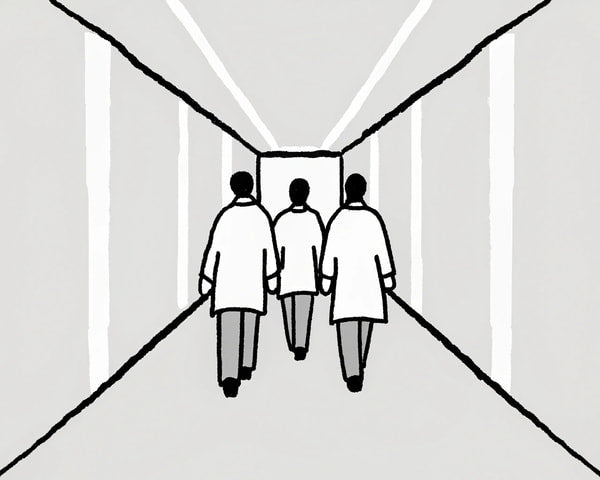 Hospital Hallway With Three Medical Professionals Walking Down A Corridor One Of Whom Is Holding A Clipboard — Stock Illustration