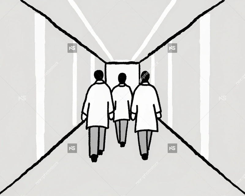 Hospital Hallway With Three Medical Professionals Walking Down A Corridor One Of Whom Is Holding A Clipboard — Stock Illustration