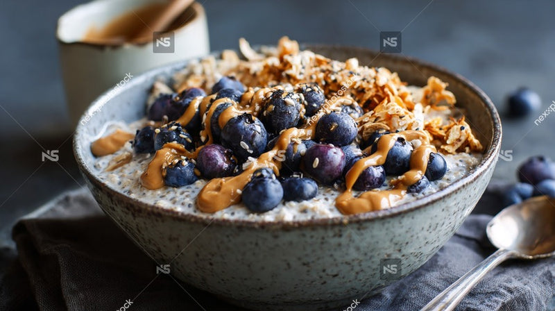 A Bowl Of Blueberries And Coconut Yogurt Topped With Honey Placed On A Table — Stock Photo
