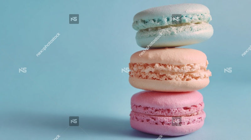 Displays A Stack Of Three Macarons With Pink And Blue Fillings On A Light Blue Background — Stock Photo