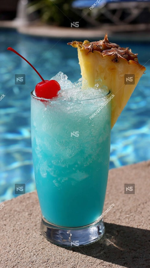 A Blue Hawaiian Cocktail With A Pineapple Slice Garnish Served In A Glass On A Poolside Table — Stock Photo