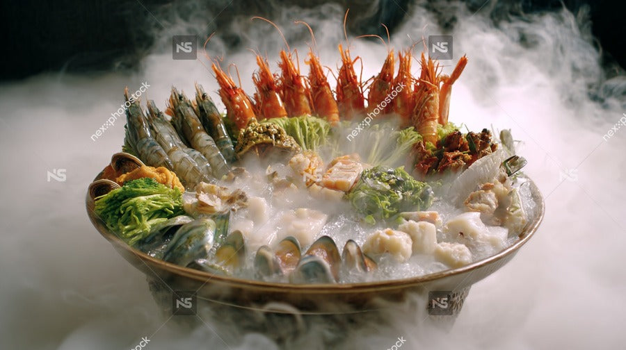 Displays A Large Bowl Filled With An Assortment Of Seafood Items Including Shrimp And Fish Arranged In A Visually Appealing Manner — Stock Photo