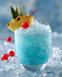 Blue Hawaiian Cocktail With A Pineapple Slice On Ice Garnished With A Straw And Cherry Served In A Glass — Stock Photo