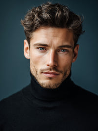 A Man With Short Hair Wearing A Black Turtleneck And Styled With Tousled Hair — Stock Photo