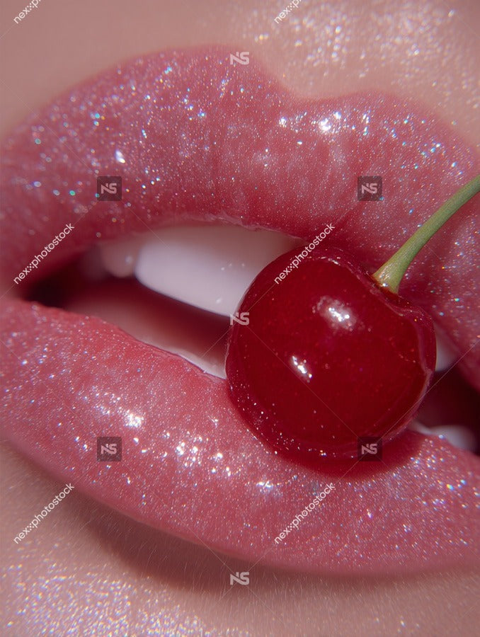 Cherry Lip Gloss With A Close Up Of A Person S Lips Holding A Cherry Showcasing The Product In Use — Stock Photo