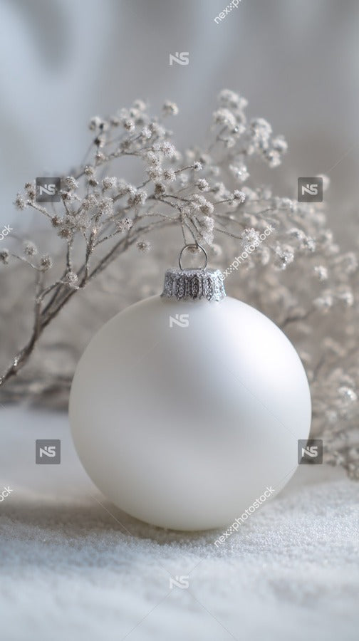 A White Christmas Ornament With A Silver Top Hanging From A Branch Covered In Snow — Stock Photo