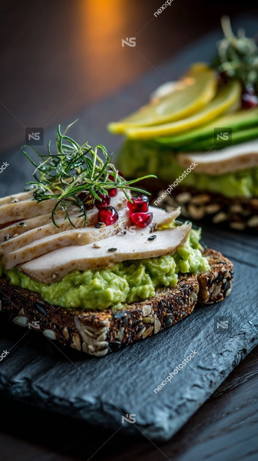 A Plate Of Two Avocado Toasts Garnished With Herbs And A Side Of Sliced Cucumber Served On A Dark Slate Surface — Stock Photo