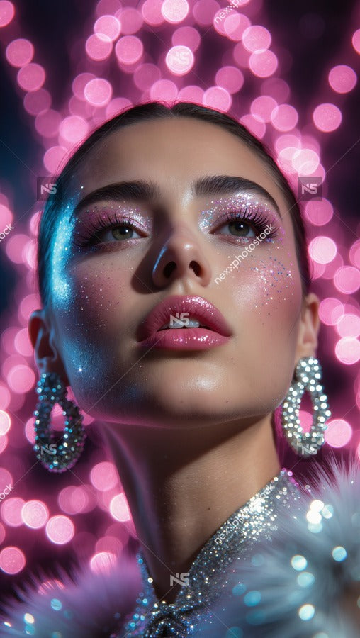 Woman Wearing Glittery Makeup And Earrings Posing In Front Of Pink Lights With Bokeh Effect Background — Stock Photo