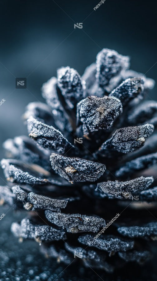 Snow Covered Pine Cone With Frost And Ice Crystals Close Up Shot Against A Dark Background — Stock Photo