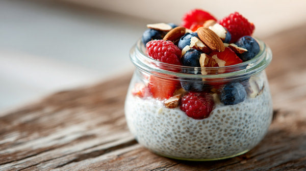 A Jar Of Raspberry Yogurt Parfait With Granola And Berries On A Wooden Table — Stock Photo