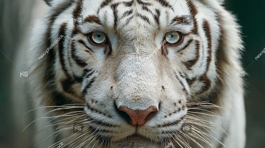 A Majestic Tiger With Striking Blue Eyes Captured In A Close Up Shot That Emphasizes Its Powerful Gaze And Intricate Fur Patterns — Stock Photo