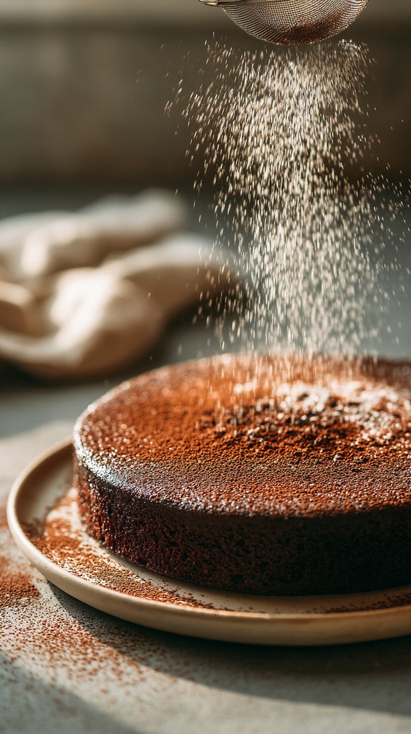 A Person S Hand Pouring Powdered Sugar Over A Chocolate Cake On A Plate With A Blurred Background That Suggests A Kitchen Setting — Stock Photo