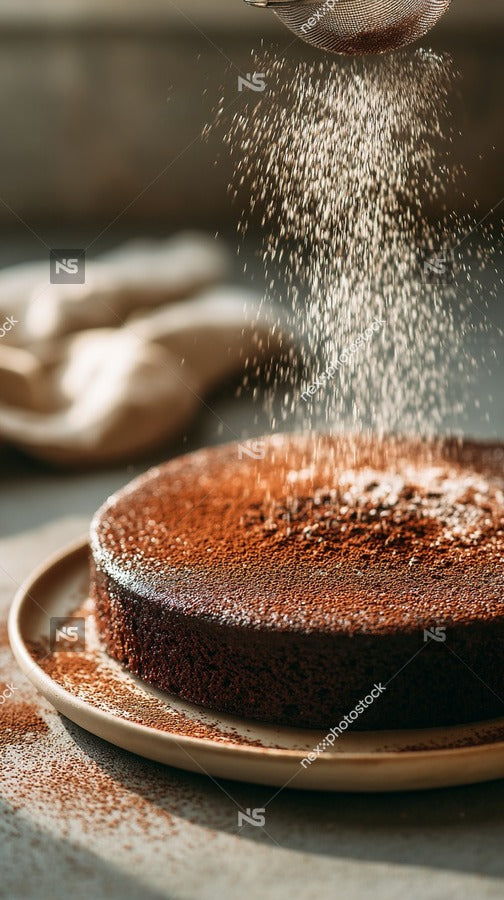 A Person S Hand Pouring Powdered Sugar Over A Chocolate Cake On A Plate With A Blurred Background That Suggests A Kitchen Setting — Stock Photo