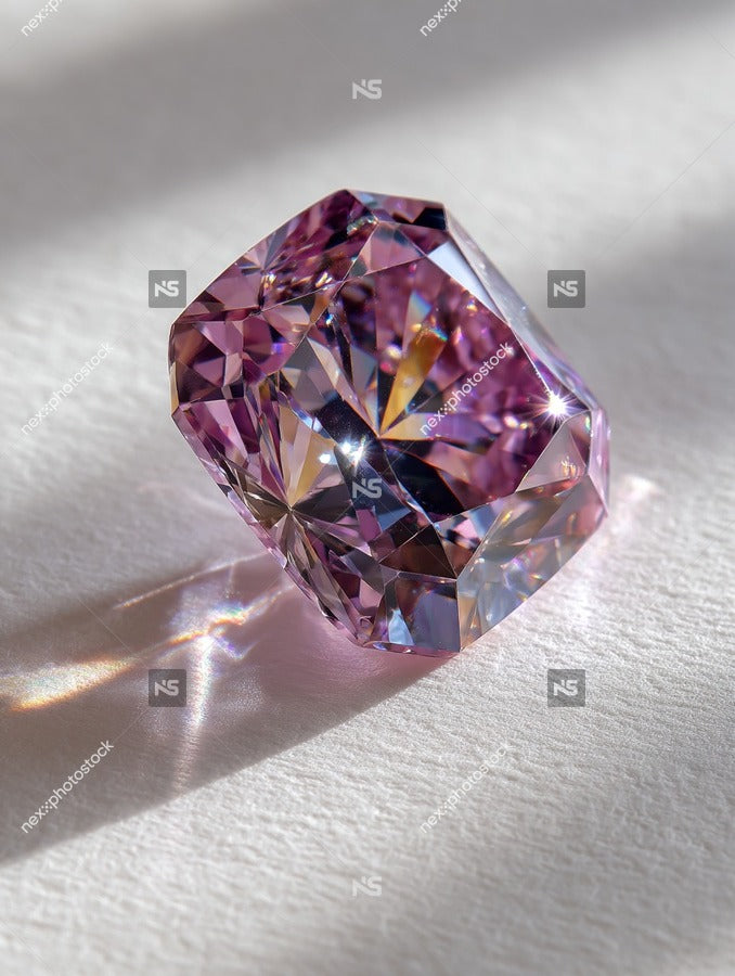 A Large Round Purple Diamond Ring With A Sparkling Surface And Multiple Facets Set Against A White Background On A Table — Stock Photo
