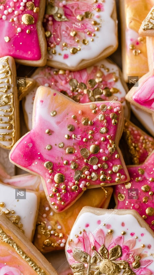 Pink And Gold Star Shaped Cookies With Sprinkles Presented In A Close Up Shot Against A White Background — Stock Photo