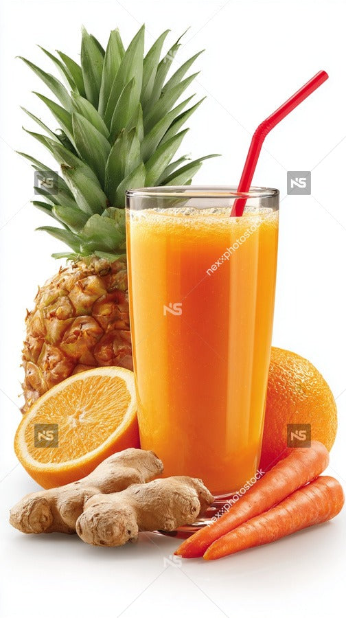 A Glass Of Fresh Orange Juice Garnished With A Slice Of Pineapple And A Straw Accompanied By A Carrot And A Piece — Stock Photo