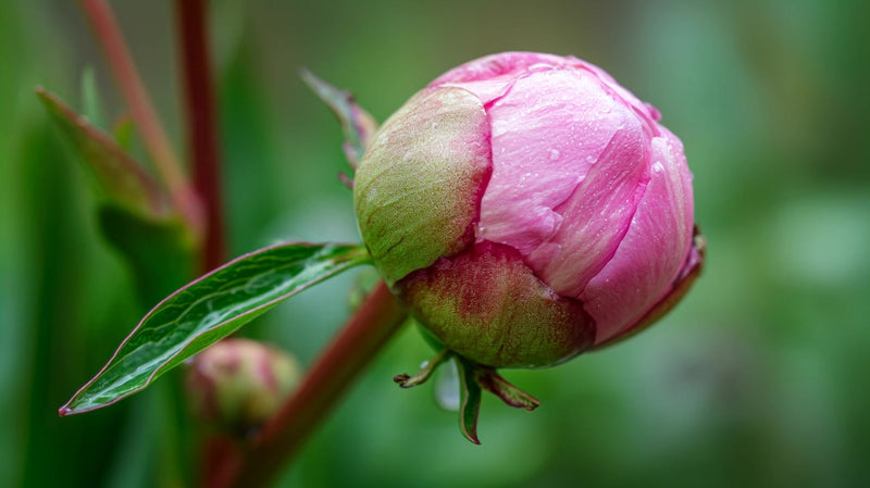 a single pink flower in full bloom with droplets of water on its petals set against a blurred background of green foliage - Stock Video