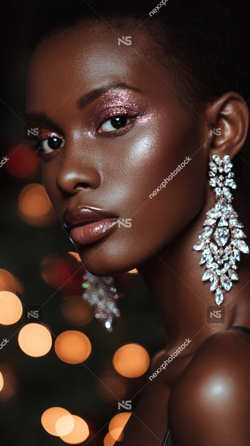 A Fashion Model Poses For A Holiday Themed Photoshoot Wearing A Glamorous Outfit And Adorned With Festive Makeup And Accessories — Stock Photo