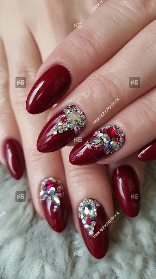 Red And Silver Nail Art With Diamond Accents — Stock Photo